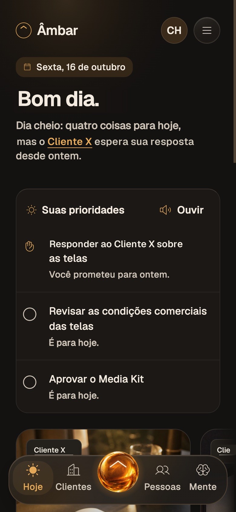 Tela Hoje com as prioridades do dia
